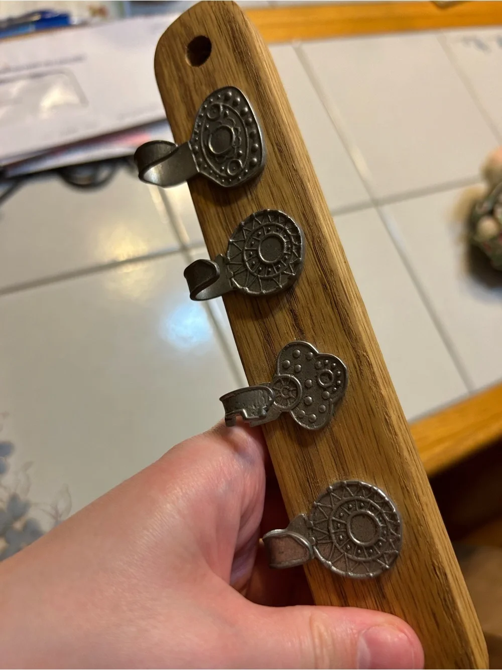 Vintage silver tone key holder key hooks on wood
